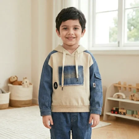 Kids Denim Sleeve Hoodie Sweatshirt – Stylish Color Block Pullover with Hood | Casual Streetwear Top for Boys & Girls