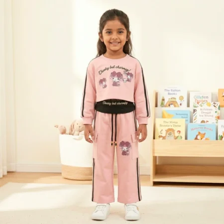 Girls 3-Piece Outfit Set – Long Sleeve Graphic Sweatshirt, Sleeveless Crop Top & Cargo Jogger Pants, Casual Toddler Tracksuit Set