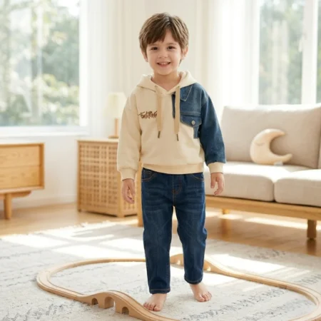 Baby Toddler Hooded Sweatshirt – Color Block Pullover with Denim-Style Patchwork Sleeve, Long Sleeve Casual Hoodie for Boys