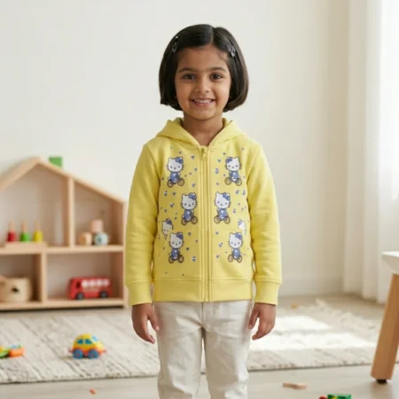 Girls Winter Hooded Zip-Up Sweatshirt with Cute Cartoon Print