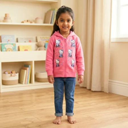 Girls Winter Hooded Zip-Up Sweatshirt with Cute Cartoon Print