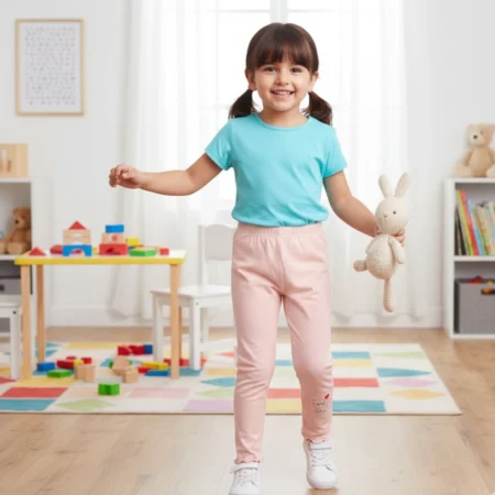 girls flare leggings with smile embroidery and ruffle hem