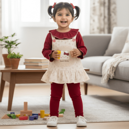 Girls 2 piece outfit dress with ruffle top and pinafore set