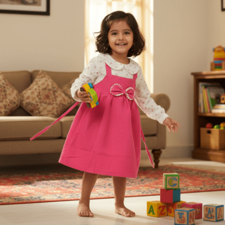 girls pink floral pinafore dress with long sleeve top