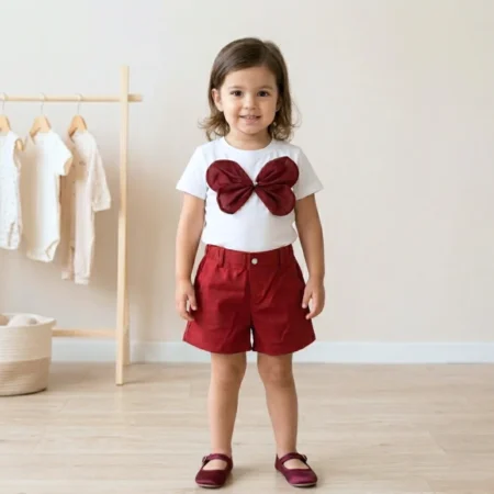 Girls Red Outfit Set – Bow Top & Shorts Toddler Summer Clothing