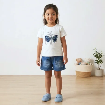 Girls Butterfly Outfit Set – Top & Denim Shorts for Kids