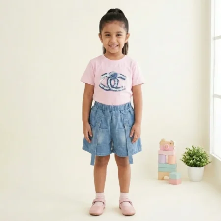 Girls Floral Bow Outfit Set – T-Shirt & Denim Shorts Kids