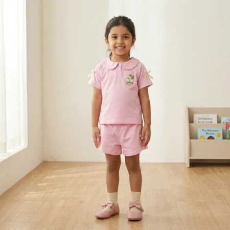 Girls Pink Cartoon Collar Top & Shorts Set – Cute Toddler Summer Outfit | Soft Cotton 2-Piece Kids Clothing